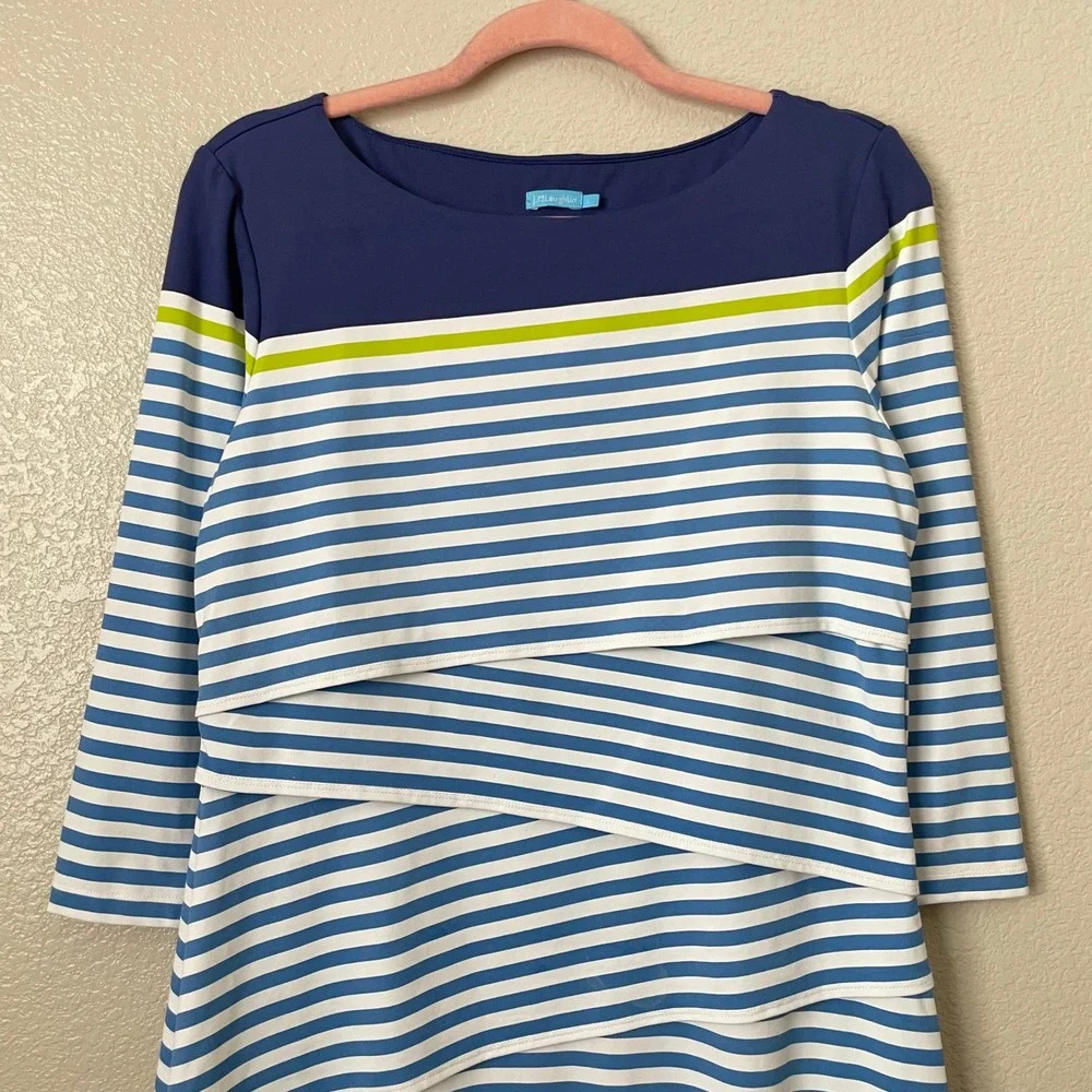 J. McLaughlin Dress Womens Large Blue Catalina Cloth Striped 3/4 Sleeve‎ Layered